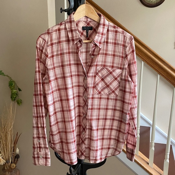 Rag & Bone New York Robbie Pink Red Plaid Button Down Shirt Size Medium - Picture 2 of 14